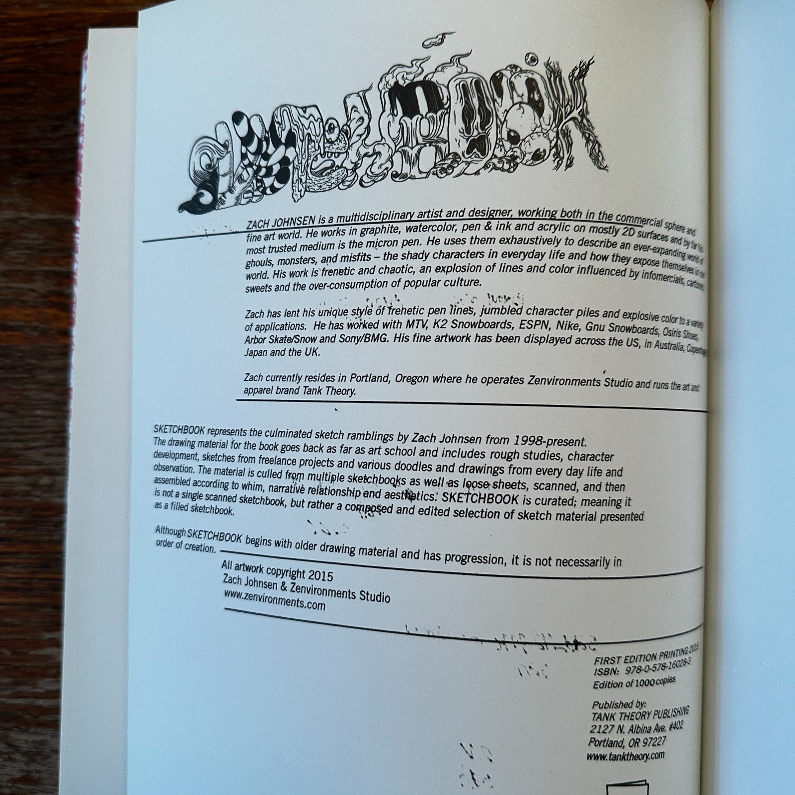 Zach Johnsen Sketchbook 2015 LTD to 1000 1st Ed Drawing Art Hardcover VG