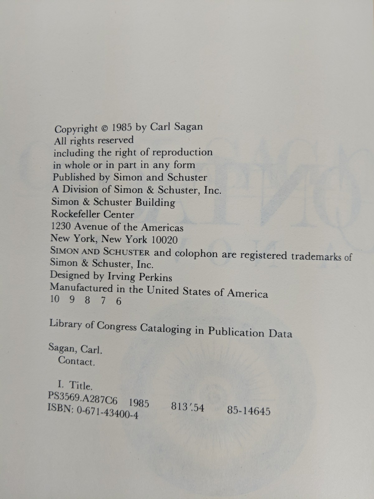 Carl Sagan~CONTACT~HCDJ 6th Print 1985
