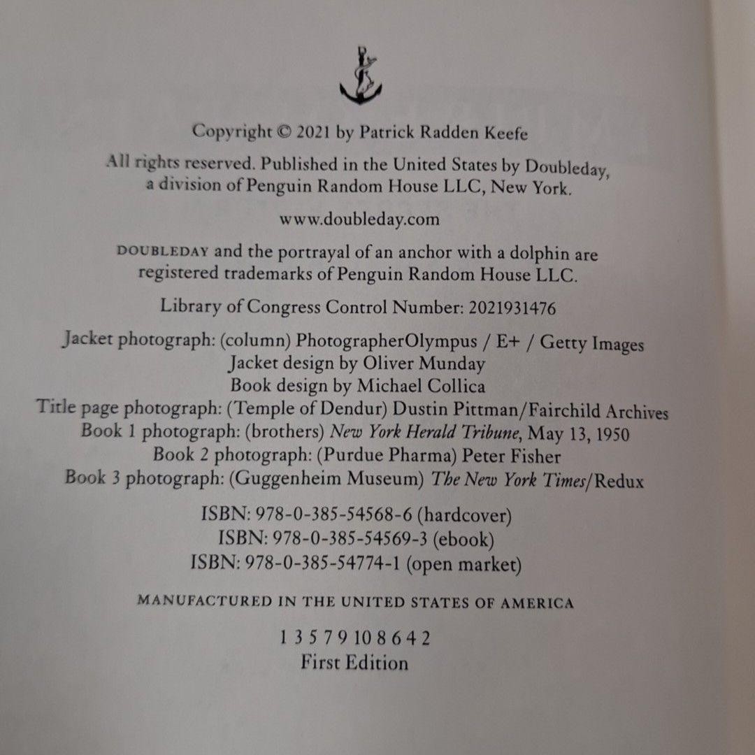 Empire Of Pain Patrick Radden Keefe HC Doubleday 2021 First Edition Dust Jacket