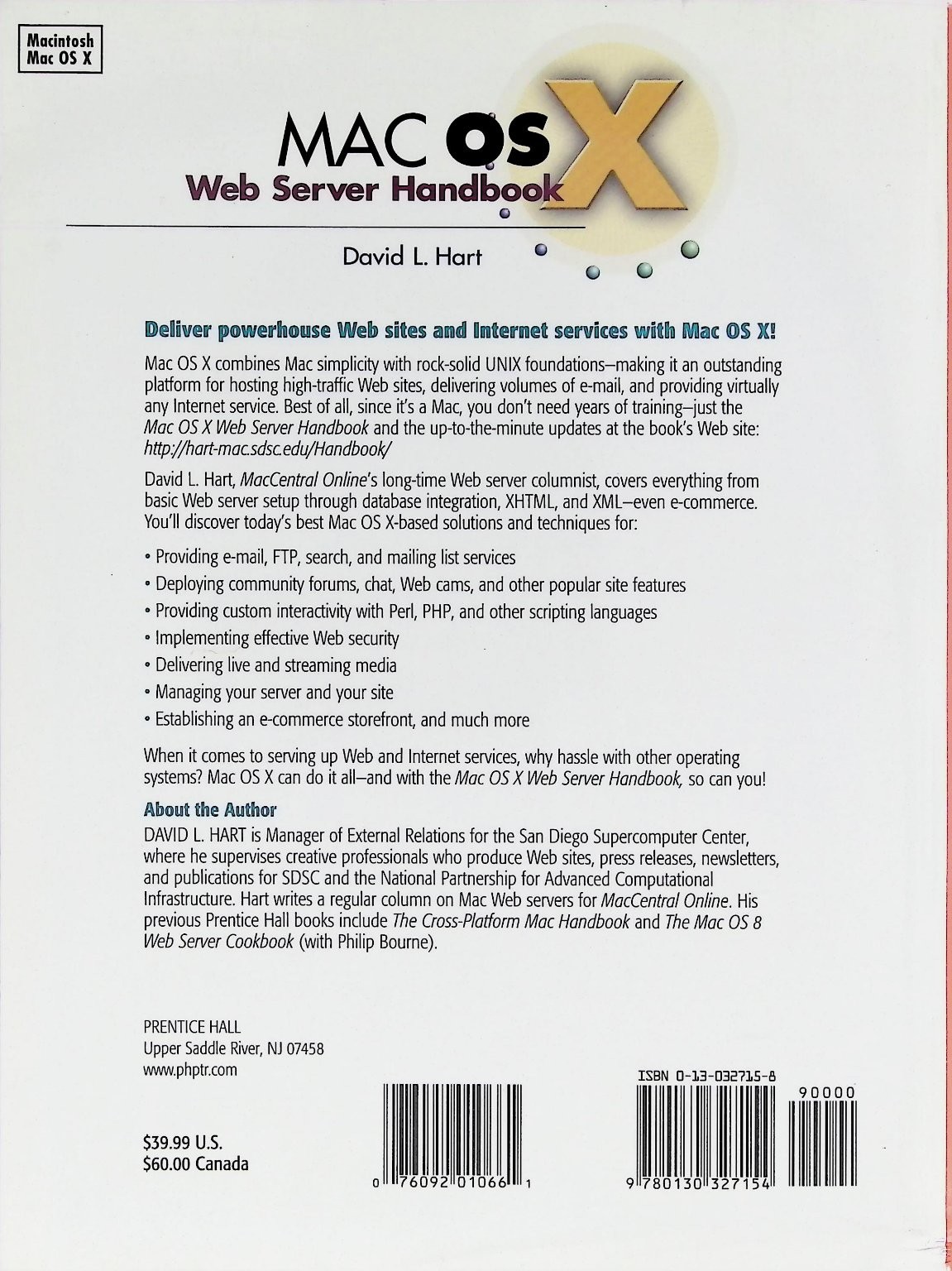 MAC OS X Web Server Handbook David L. Hart 2001 First Printing Prentice Hall PTR