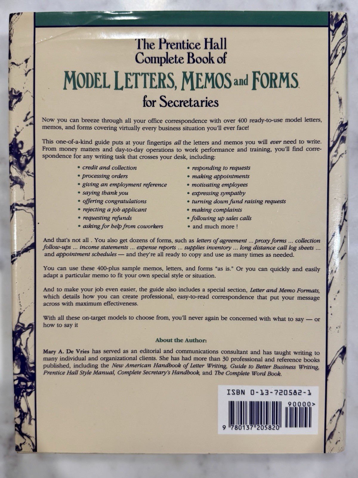 THE PRENTICE HALL COMPLETE BOOK OF MODEL LETTERS, MEMOS By De Mary A. Vries 1993