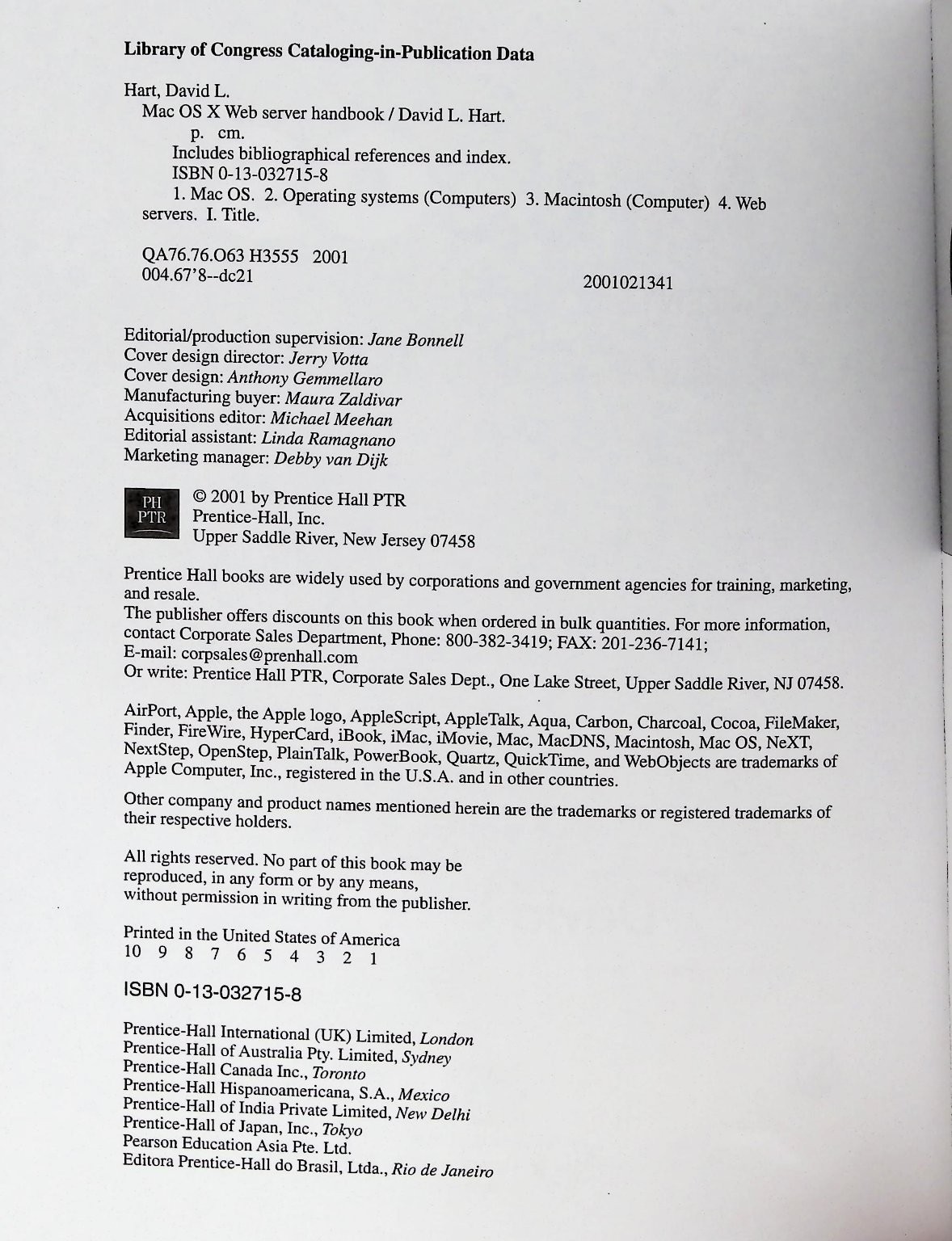 MAC OS X Web Server Handbook David L. Hart 2001 First Printing Prentice Hall PTR