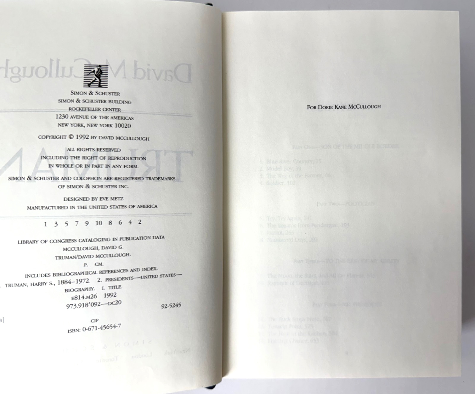 Truman (Pulitzer) David McCullough 1992 1st edition, 1st printing in Mylar, VG