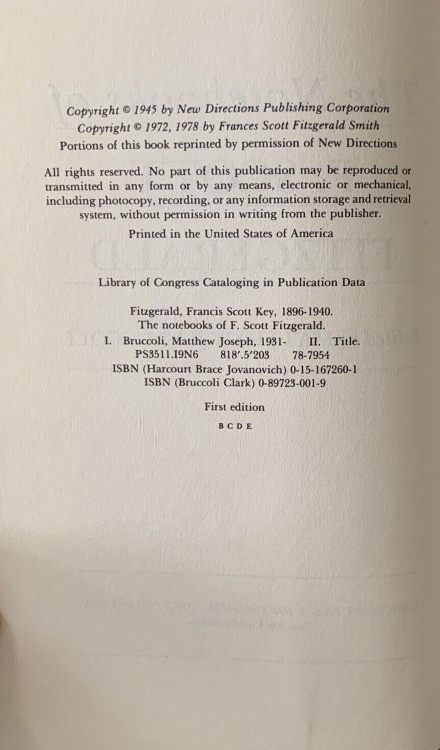 The Notebooks of F. Scott Fitzgerald – Matthew Bruccoli 1st Edition HCDJ