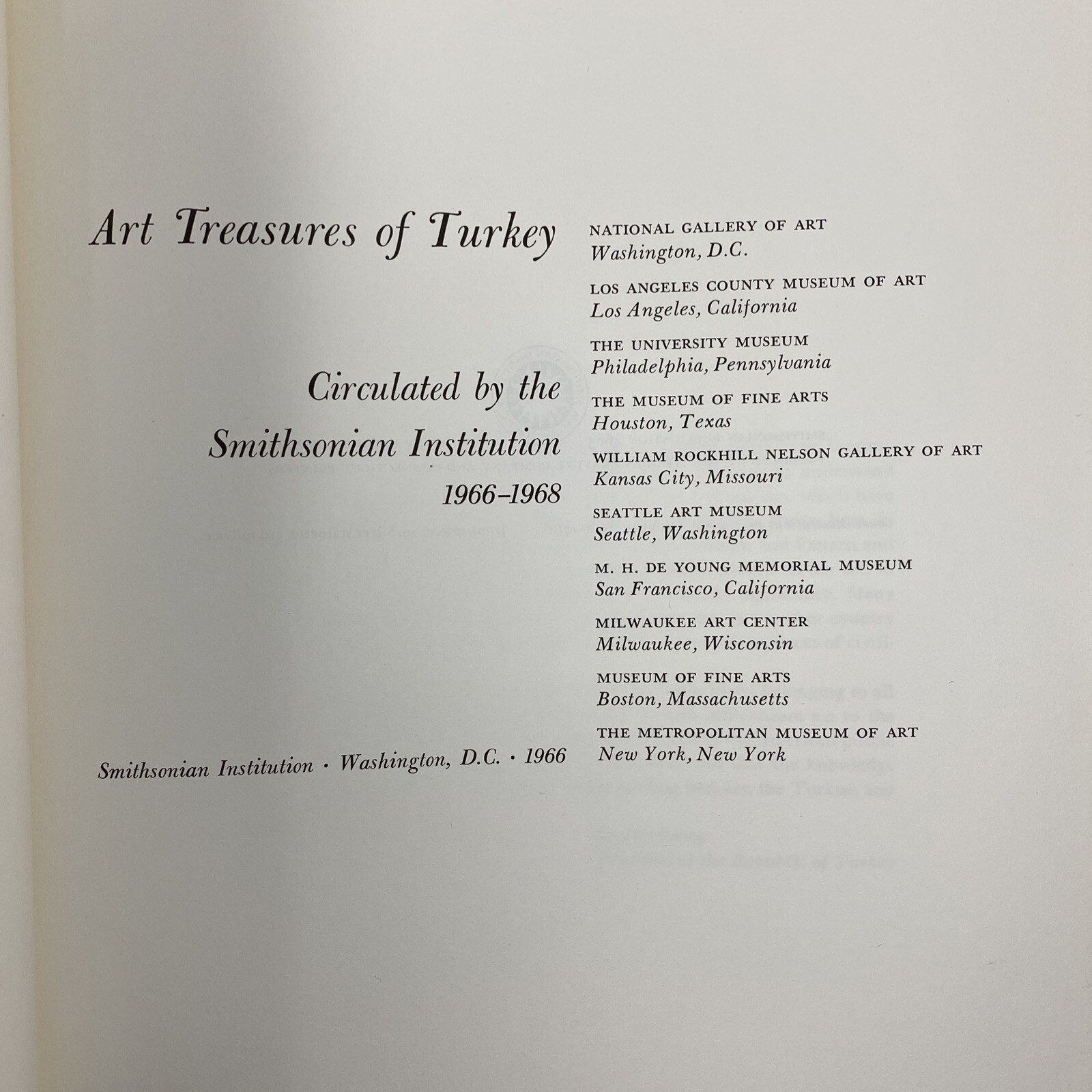 ART TREASURES OF TURKEY Circulated by the Smithsonian Institution 1966- 1968. PB