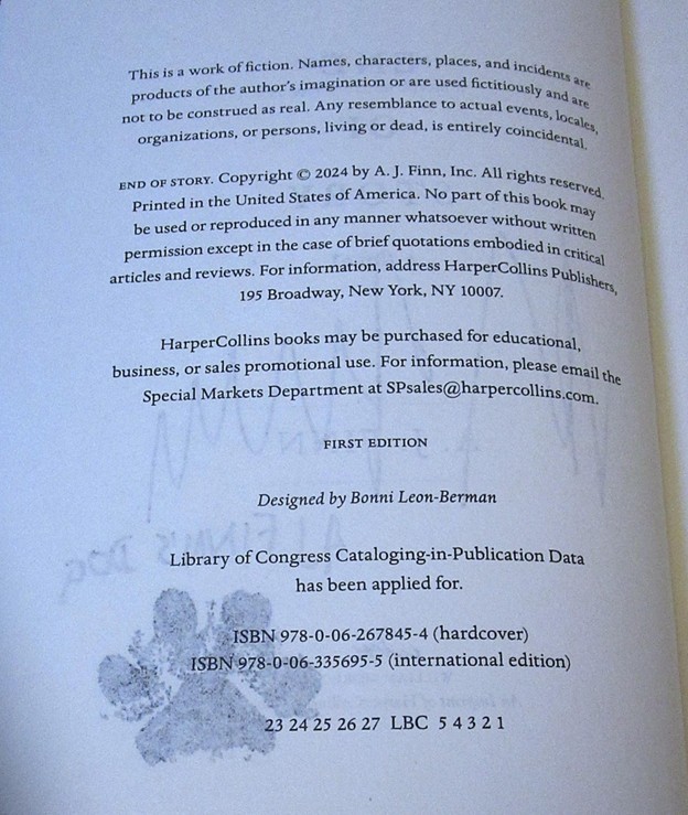 SIGNED End of Story by A.J. Finn FIRST EDITION WITH PAW STAMP New