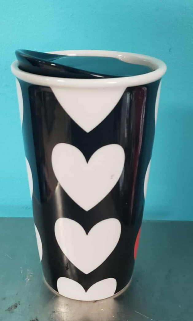 Starbucks 12 oz Ceramic Tumbler/Coffee Mug With Lid, Black & White Hearts, 2015