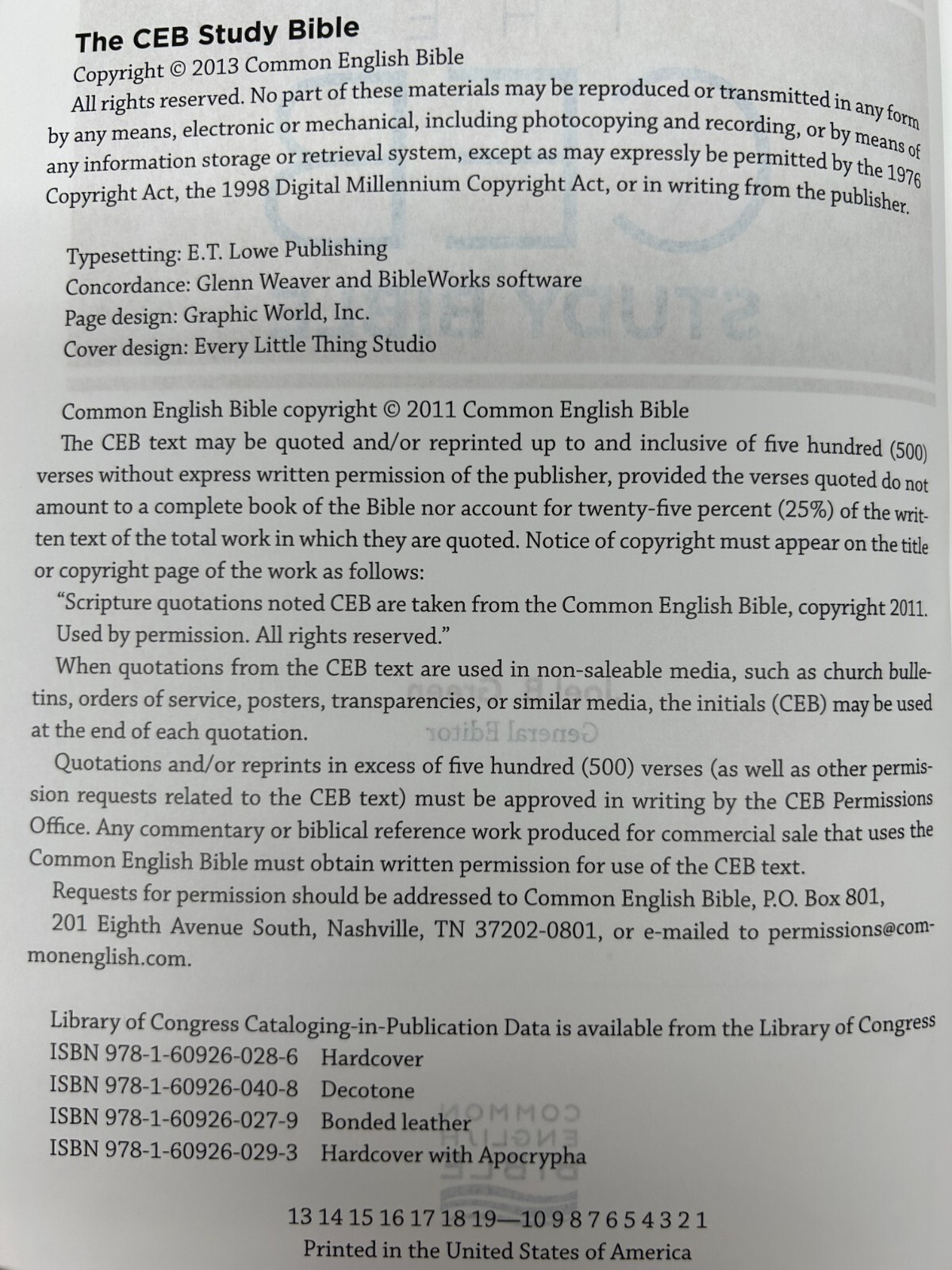 2013 The Common English Study Bible Hard Cover Luxury Edition With 21 Color Maps
