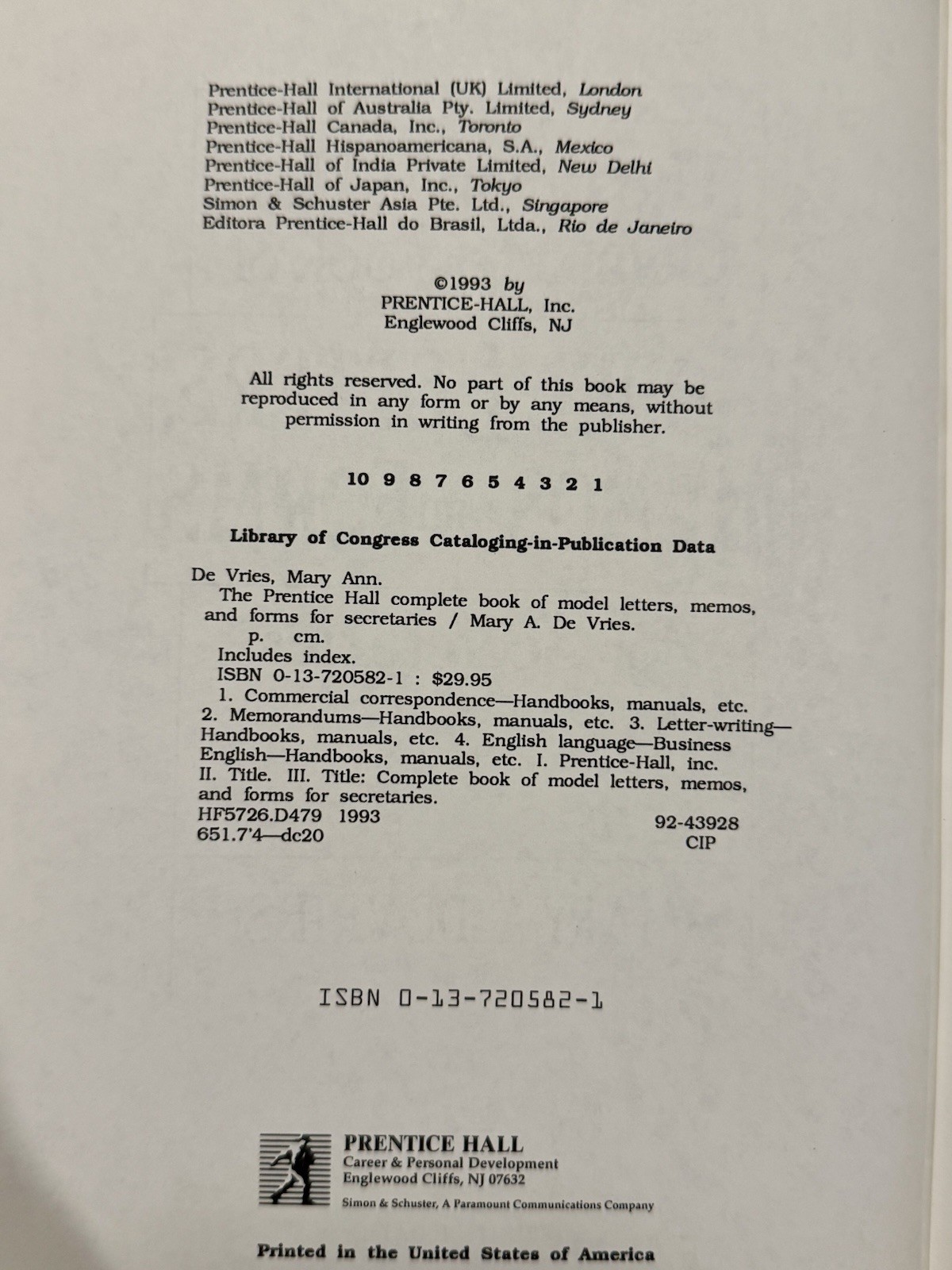 THE PRENTICE HALL COMPLETE BOOK OF MODEL LETTERS, MEMOS By De Mary A. Vries 1993