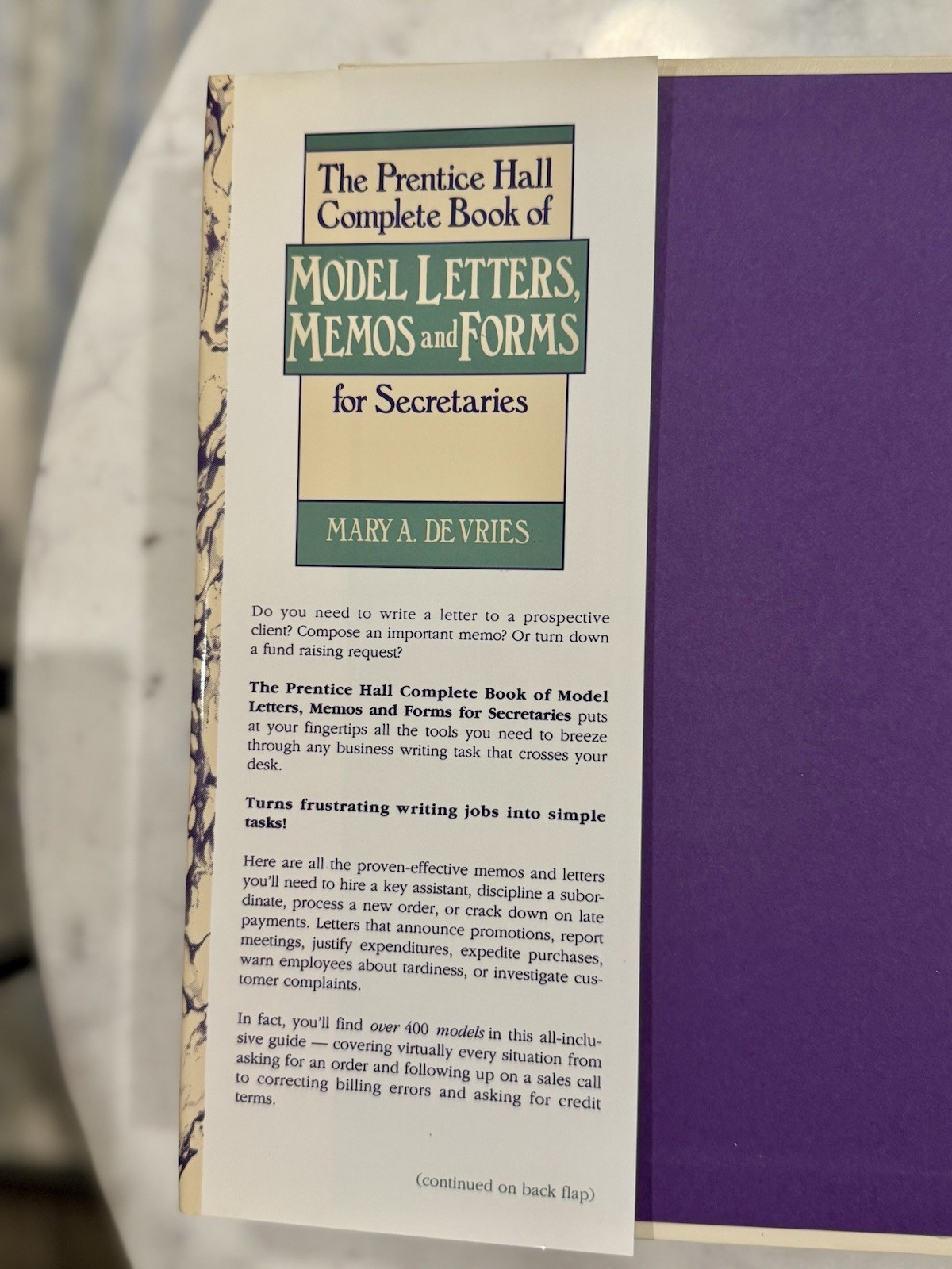 THE PRENTICE HALL COMPLETE BOOK OF MODEL LETTERS, MEMOS By De Mary A. Vries 1993