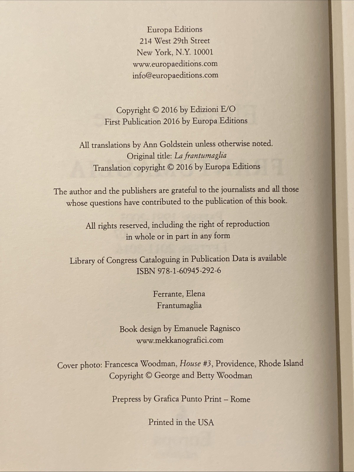 Frantumaglia – Elena Ferrante – SIGNED by Translator – 1st Prt Near Fine HC