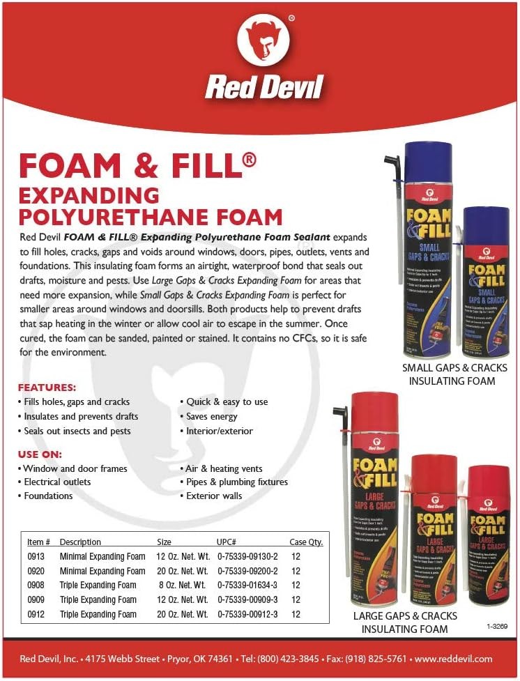 Red Devil 0912 Foam & Fill Large Gaps & Cracks Expanding 20 oz, Off-White
