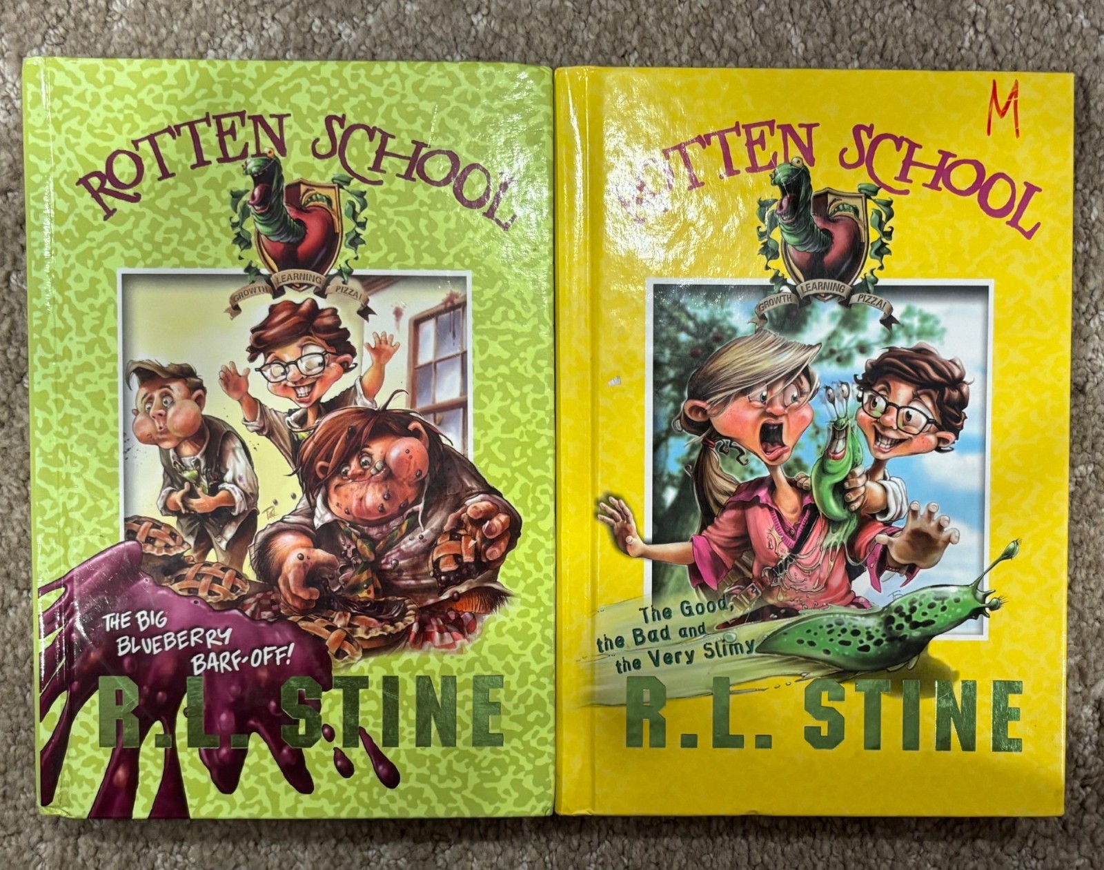 LOT OF 2 R.L. STINE ROTTEN SCHOOL BIG BLUEBERRY BARF OFF HARDCOVER BOOK
