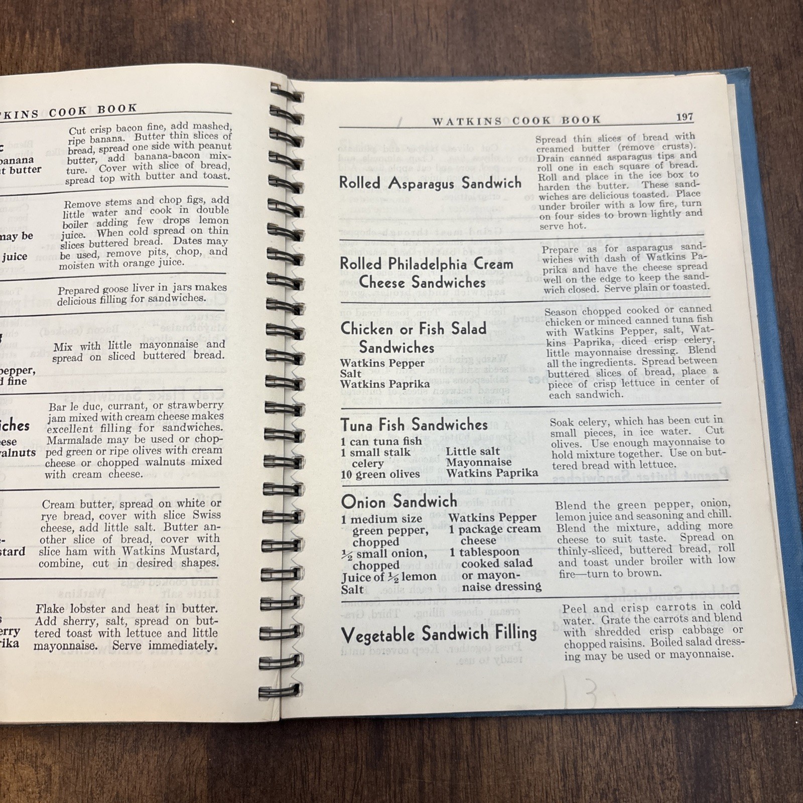 Cookbook 1938 J.R. Watkins Blue Wire Bound Interesting Recipes Vtg 288 Pages