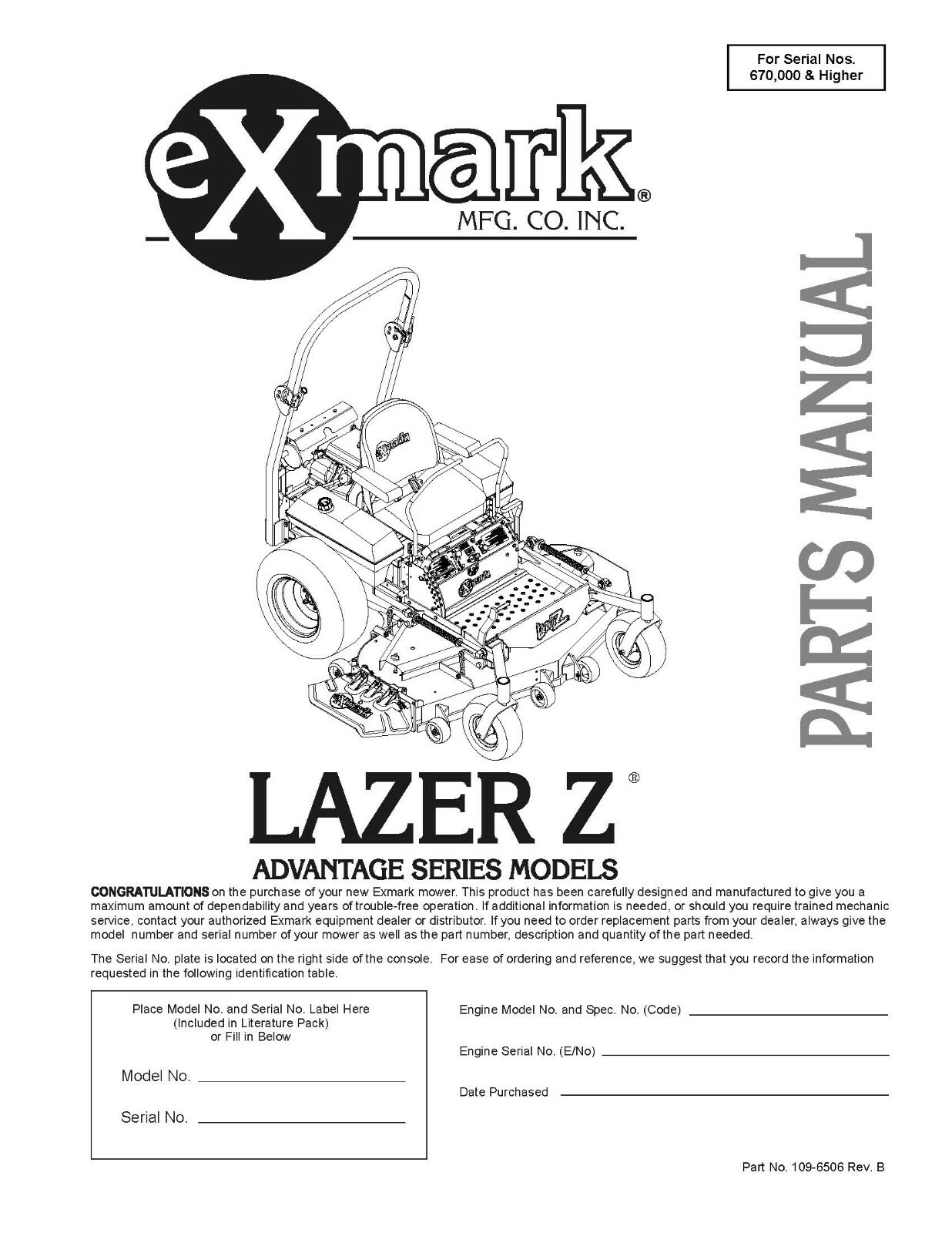 eXmark Lazer Z AS Operator Manual & Part List Diagram LAS28KA604 for SN 670K +