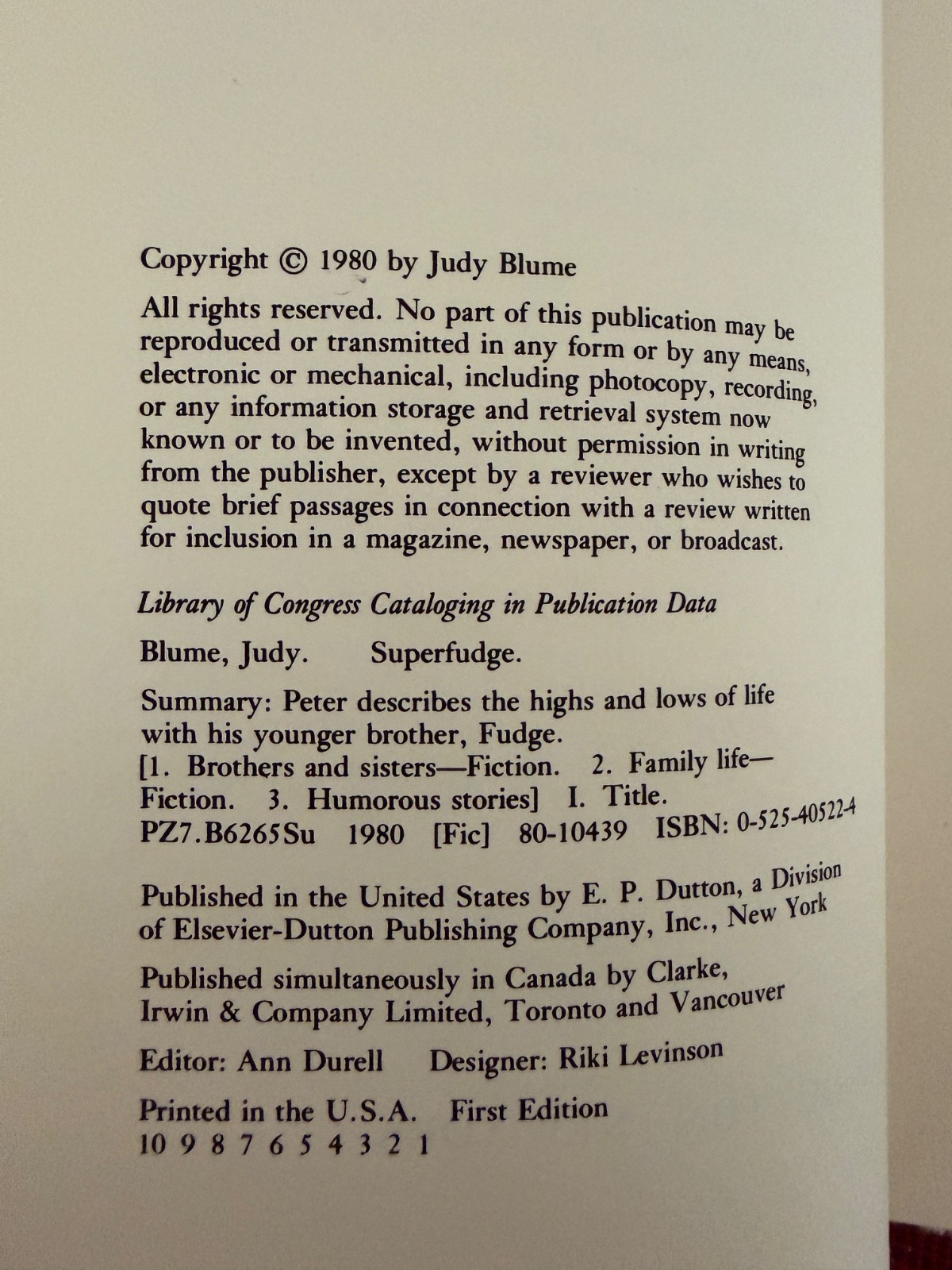 Judy Blume, SUPERFUDGE, 1st Edition, 1st Printing, Unread, Fine