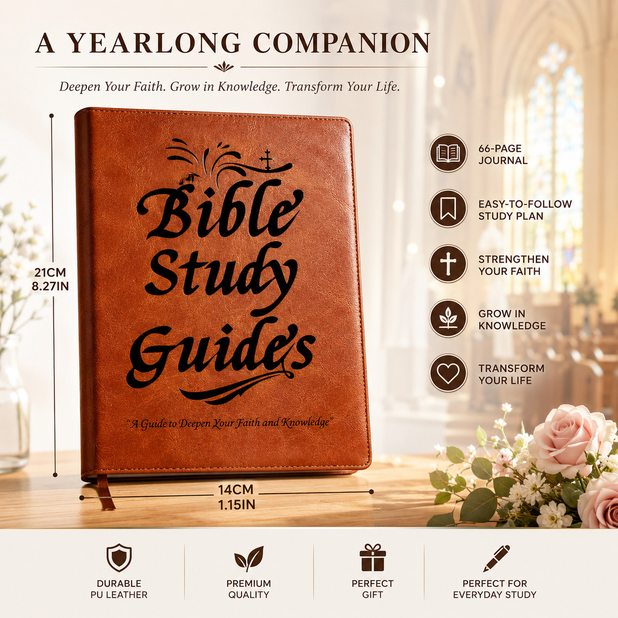 Bible Study Journal Women 66Page PU Leather Daily Scripture Prayer Prompts Brown