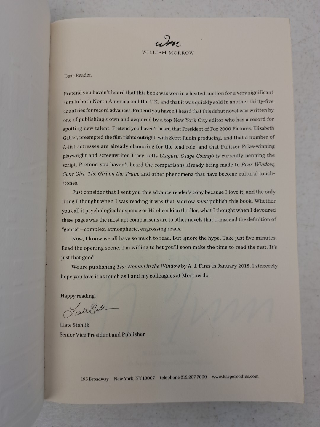 RARE signed advanced reader’s edition by A.J. Finn-The Woman in the Window