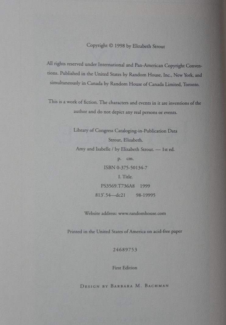 Amy and Isabelle a novel Elizabeth Strout first edition First Print 1999