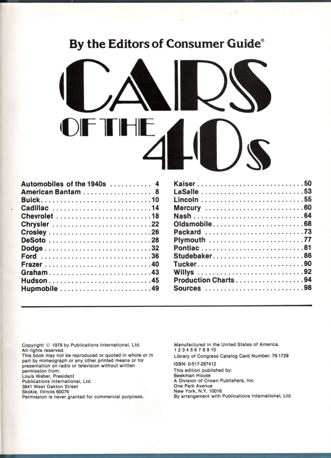 Cars Of The 40s By The Editors Of Consumer Guide 98 Pages 200 Photos Like New