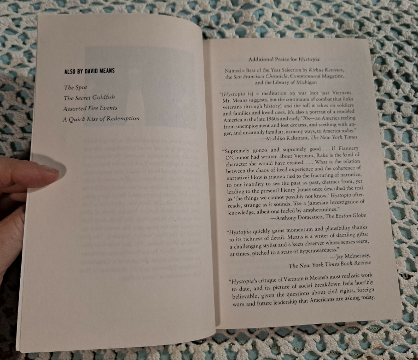 Hystopia by David Means, April 2017 (1st Picador Edition), 336 pages