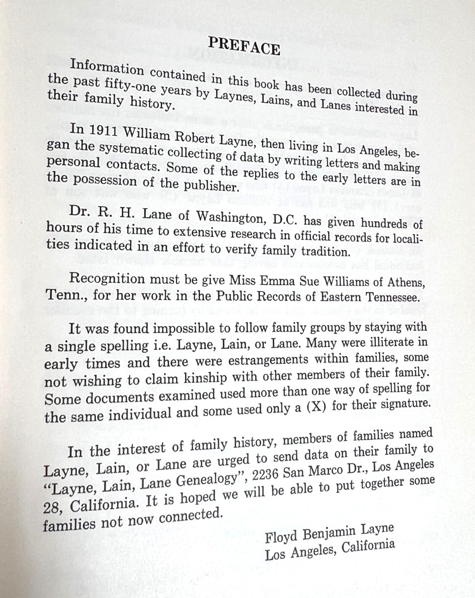 LAYNE LAIN LANE GENEALOGY by Floyd Benjamin Layne 1962 first edition 336 pages
