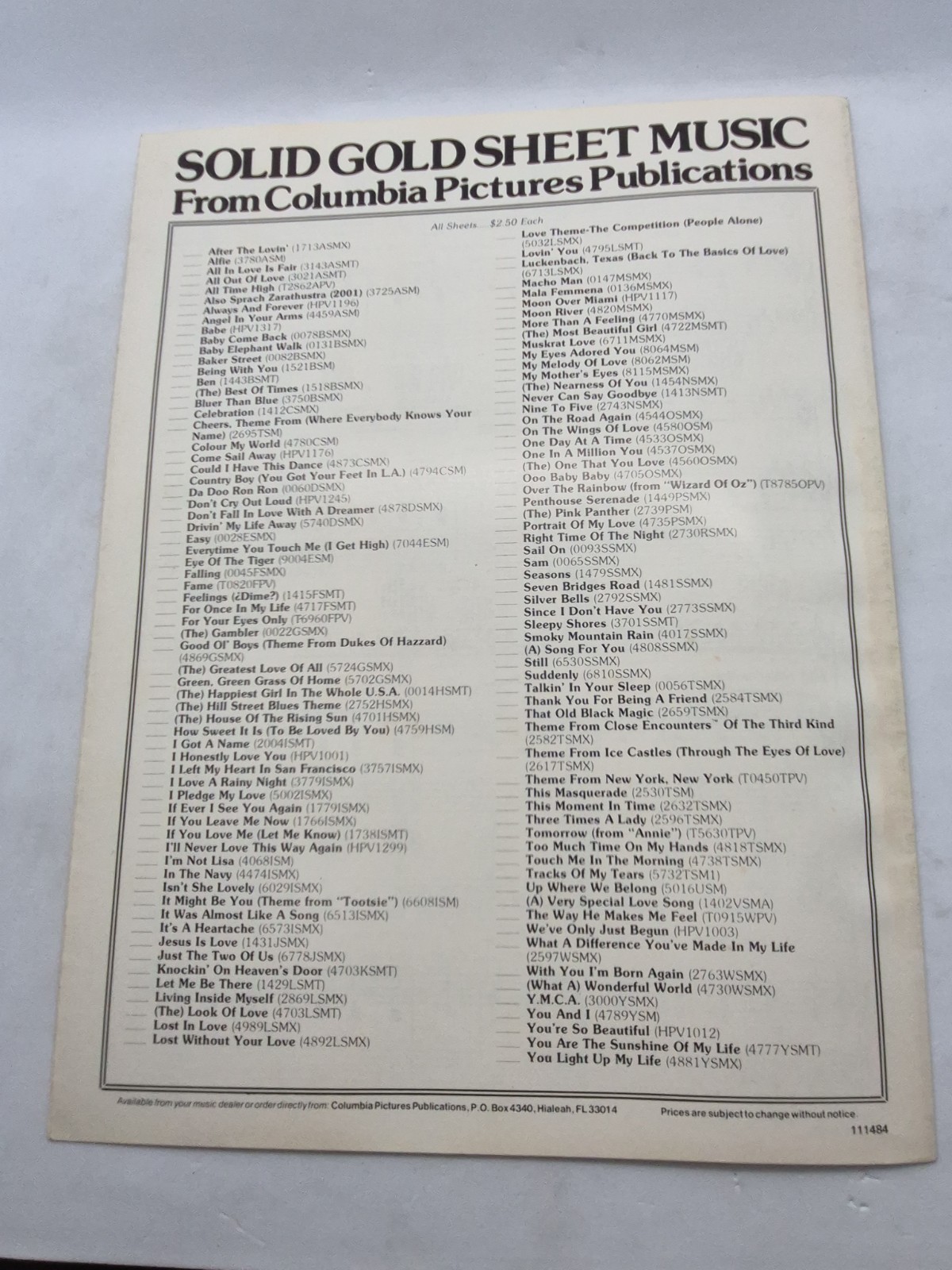 You’re The Inspiration Chicago 1984 Sheet Music Piano Vocal Guitar