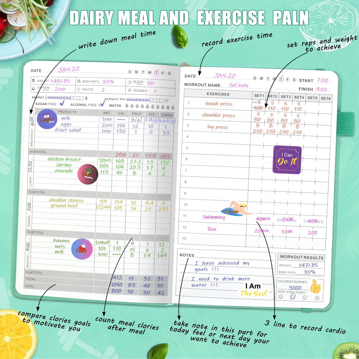 Food and Fitness Journal Hardcover Wellness Planner Workout Journal for Women…