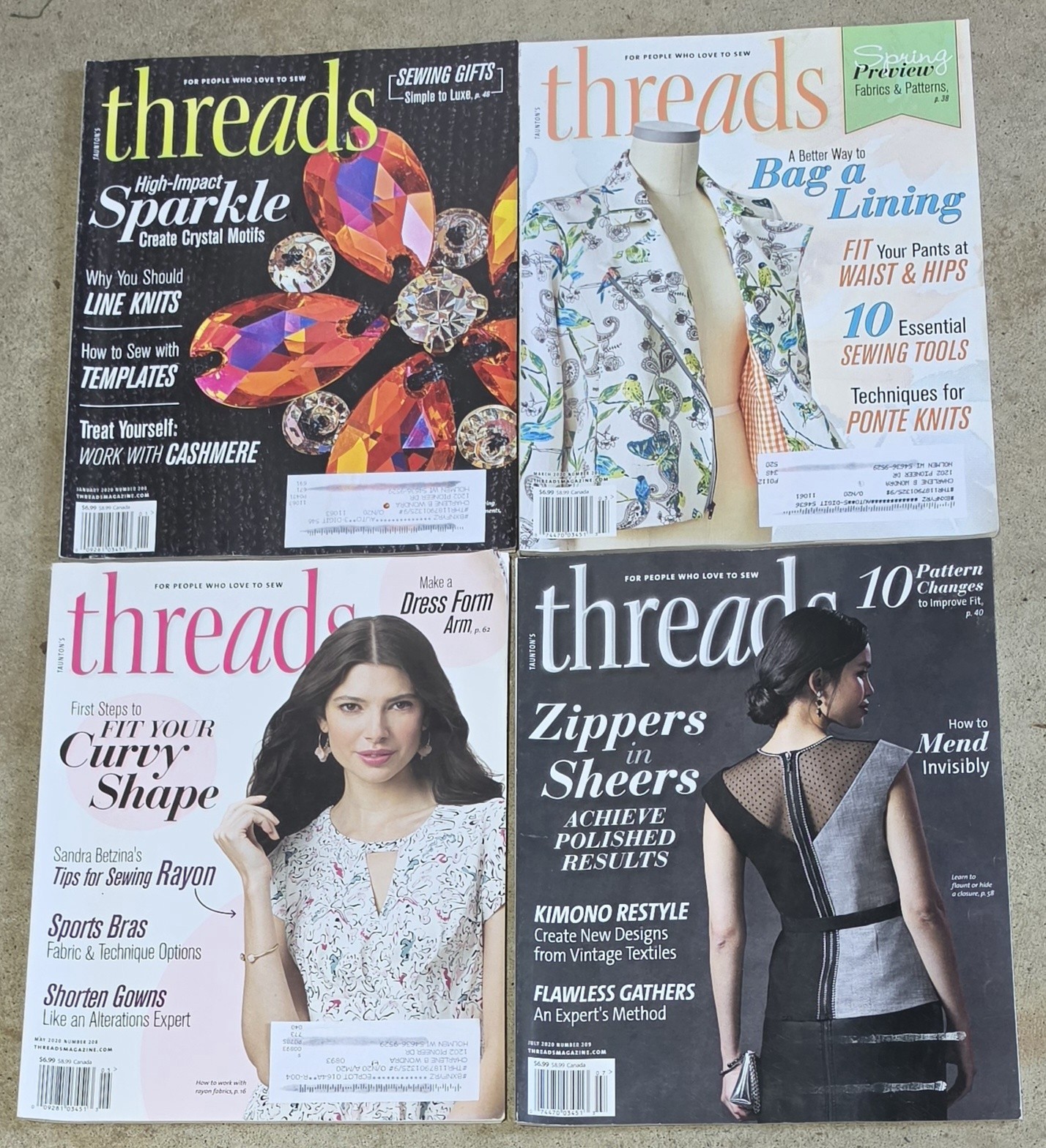 Lot 4 THREADS magazines 2020 Tauton’s 206 207 208 209 Sewing Tips