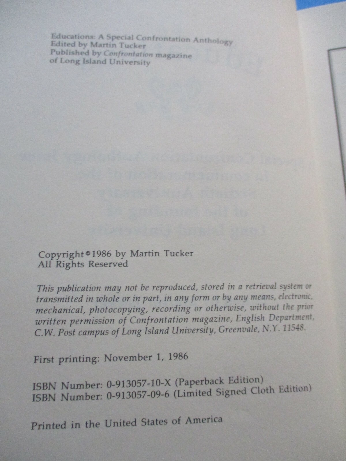 Educations: A Special Confrontation Anthology Issue, L. I. University Press, HC